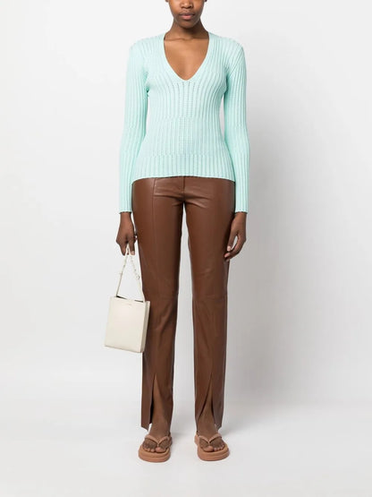Ribbed V-Neck Long-Sleeve Top
