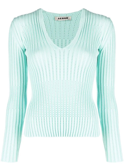 Ribbed V-Neck Long-Sleeve Top