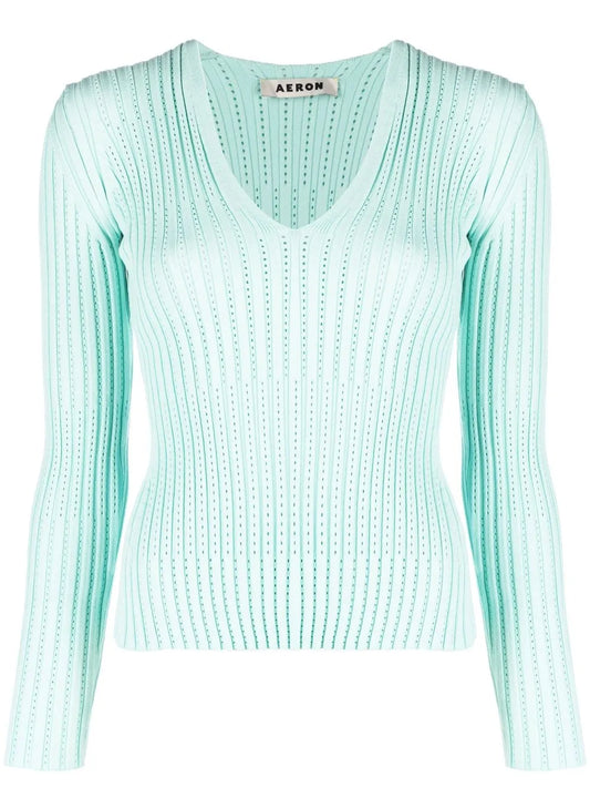 Ribbed V-Neck Long-Sleeve Top