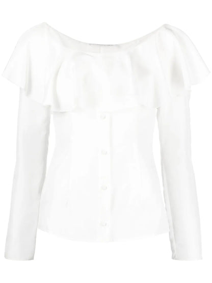 Off Shoulder Frilled Silk Blouse