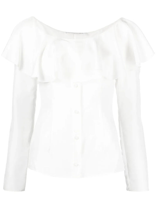 Off Shoulder Frilled Silk Blouse