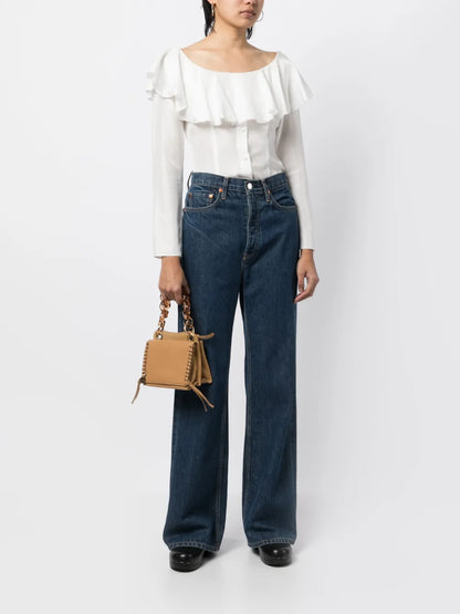 Off Shoulder Frilled Silk Blouse