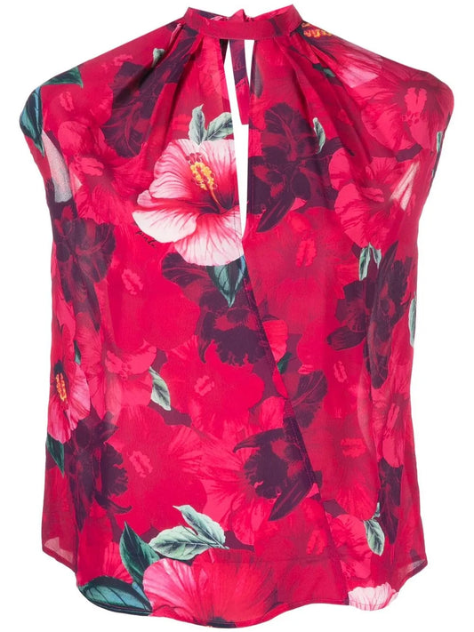 Hibiscus-Print Sleeveless Blouse