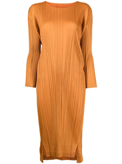 Pleated Long-Sleeve Midi Dress