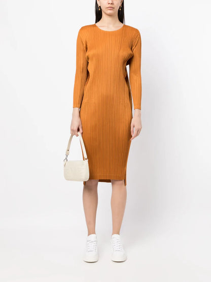 Pleated Long-Sleeve Midi Dress