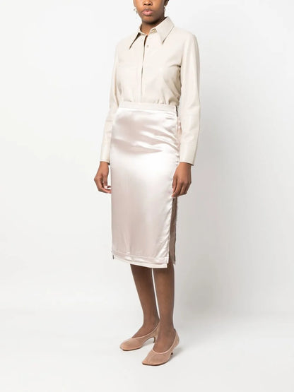 Satin-Finish Gabardine Midi Skirt