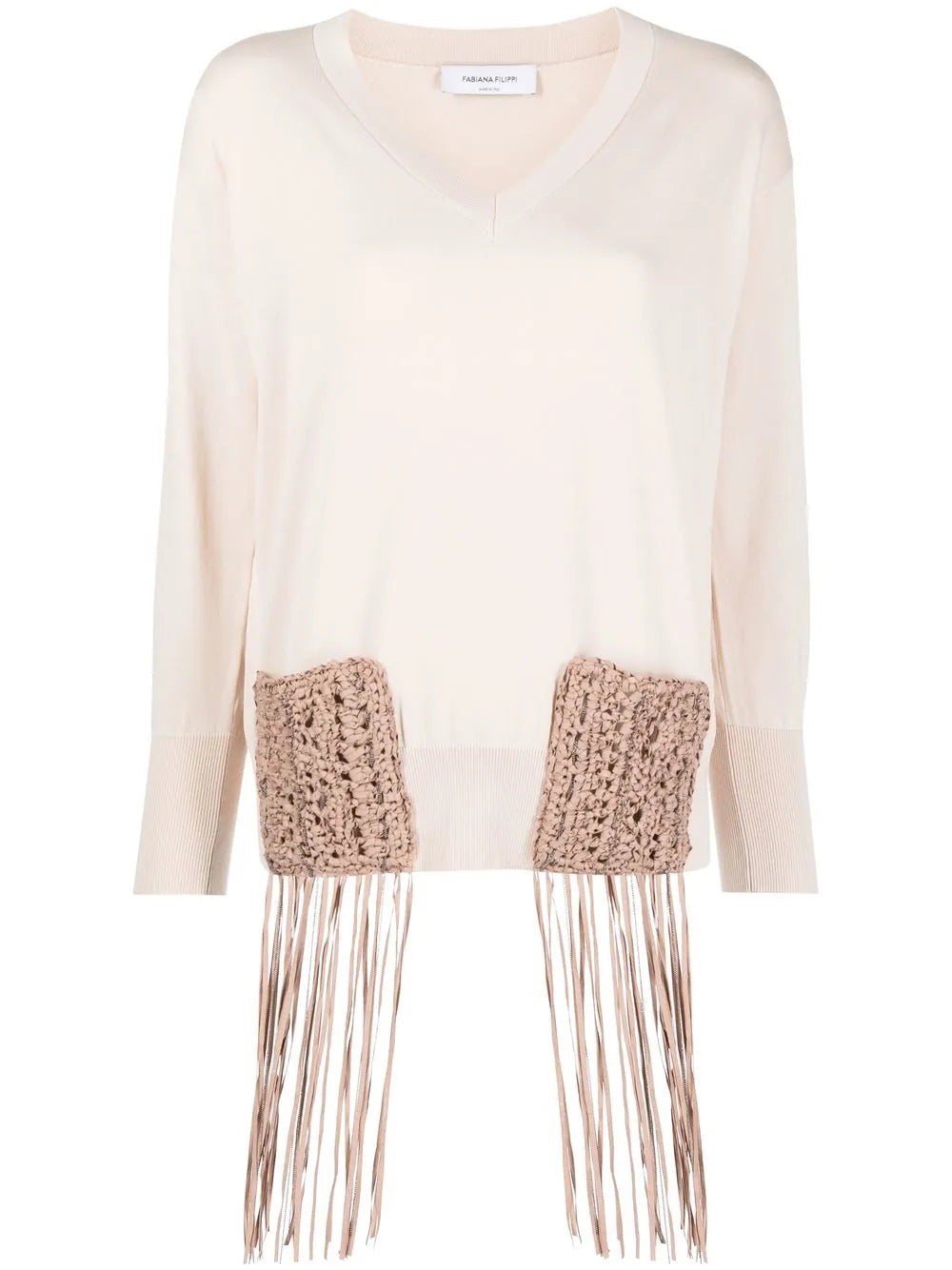Fringe-Detail Long-Sleeve Knitted Top