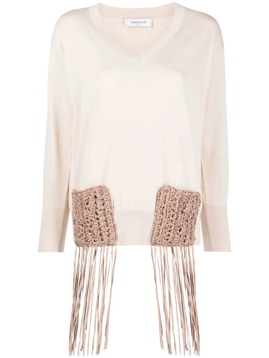 Fringe-Detail Long-Sleeve Knitted Top
