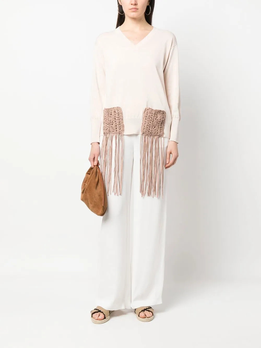 Fringe-Detail Long-Sleeve Knitted Top
