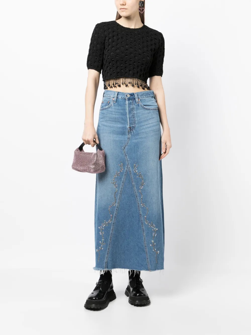 Stud-Detail Midi Denim Skirt