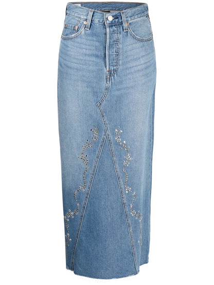 Stud-Detail Midi Denim Skirt
