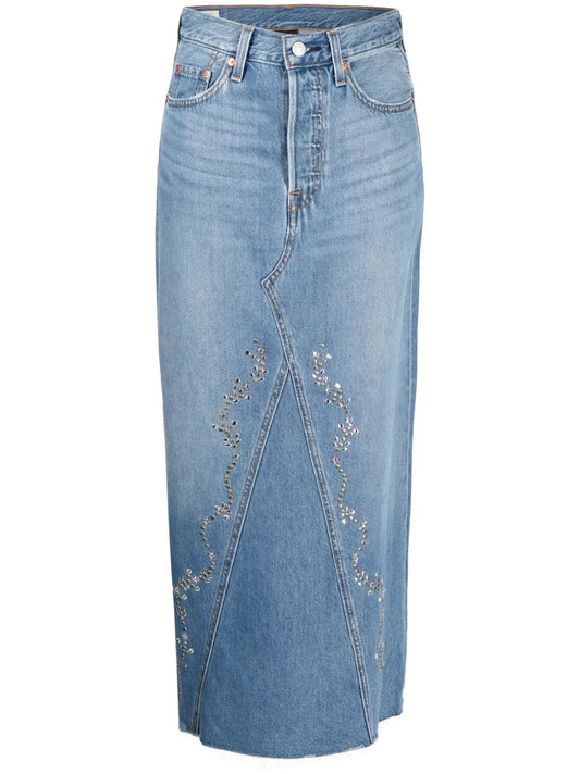 Stud-Detail Midi Denim Skirt