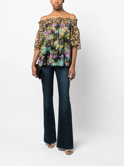 Mixed-Print Off-Shoulder Blouse