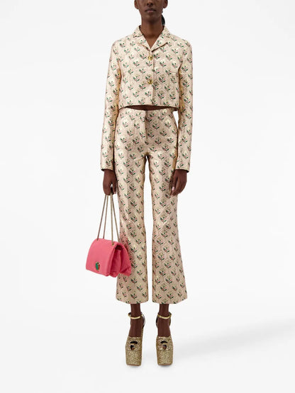 Floral-Jacquard Cropped Flared Trousers