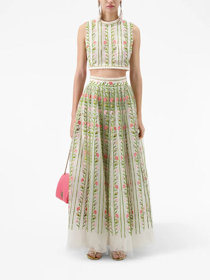 Foliage-Embroidered Tulle Maxi Skirt