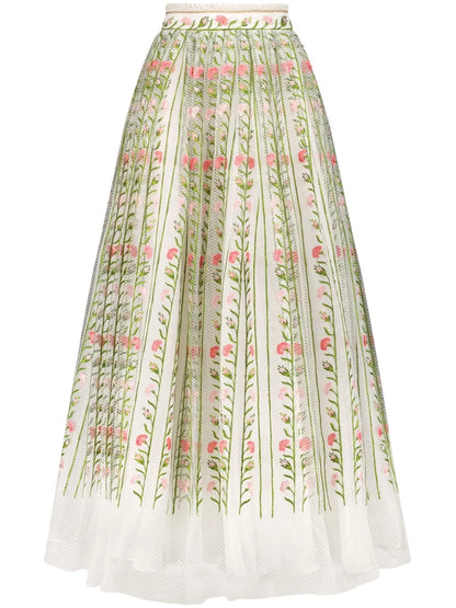 Foliage-Embroidered Tulle Maxi Skirt
