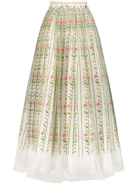 Foliage-Embroidered Tulle Maxi Skirt