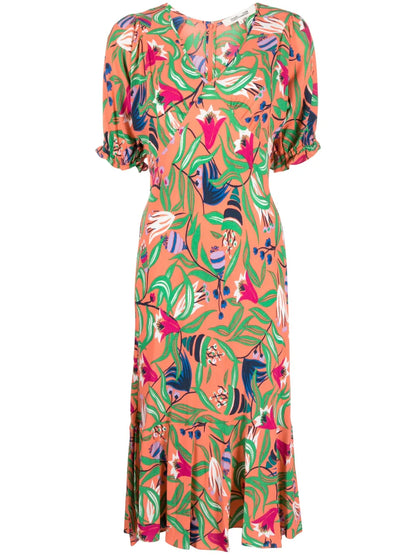 Floral-Print Fluted Midi Dress