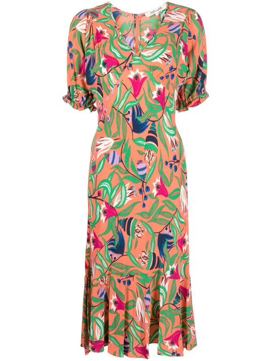 Floral-Print Fluted Midi Dress