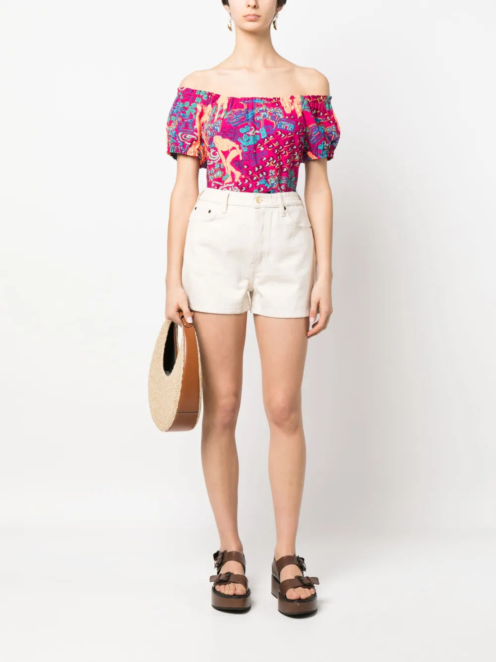 Graphic-Print Bardot Chevron Stitch Blouse