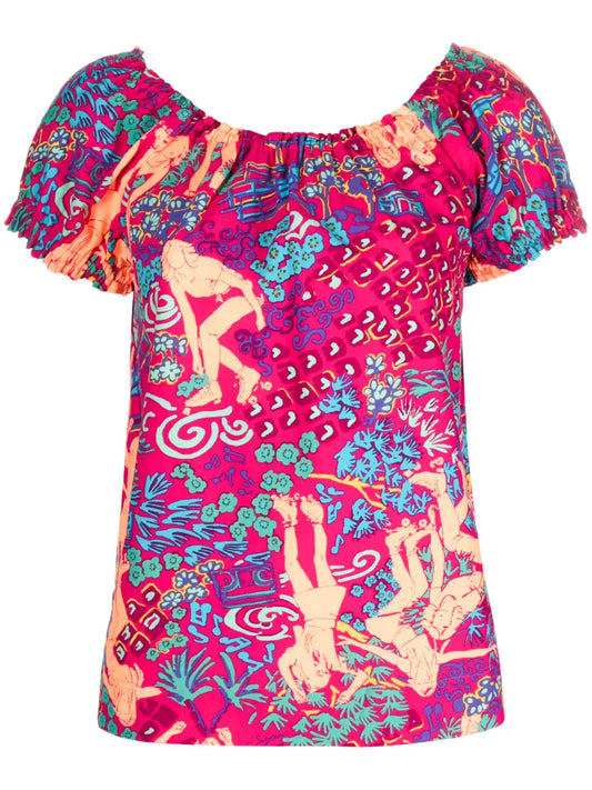 Graphic-Print Bardot Chevron Stitch Blouse
