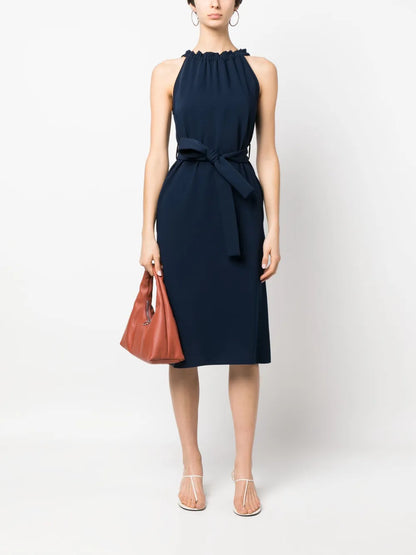 Gathered Neckline Belted Dress