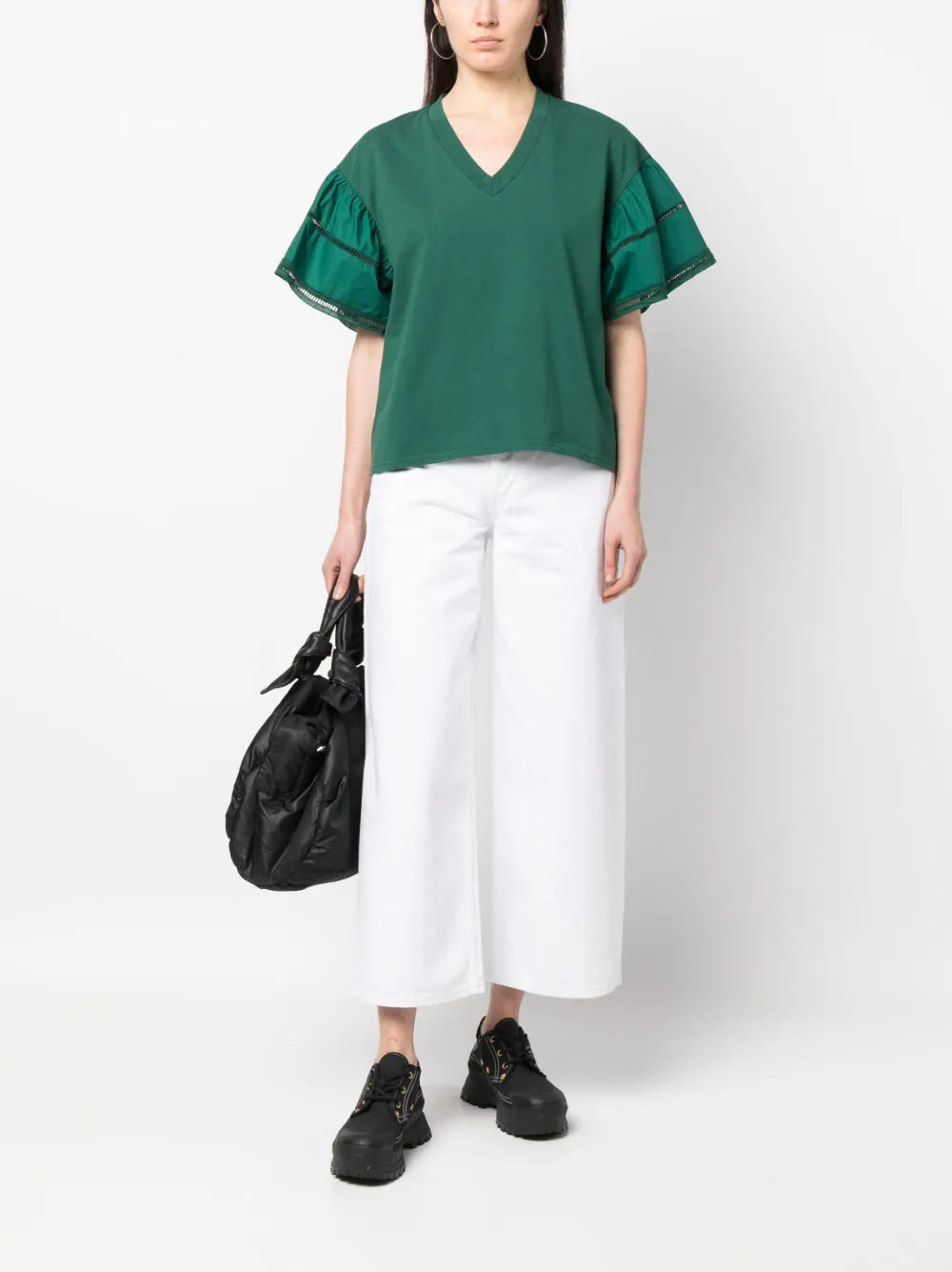 Ruffled-Sleeve V-Neck T-Shirt