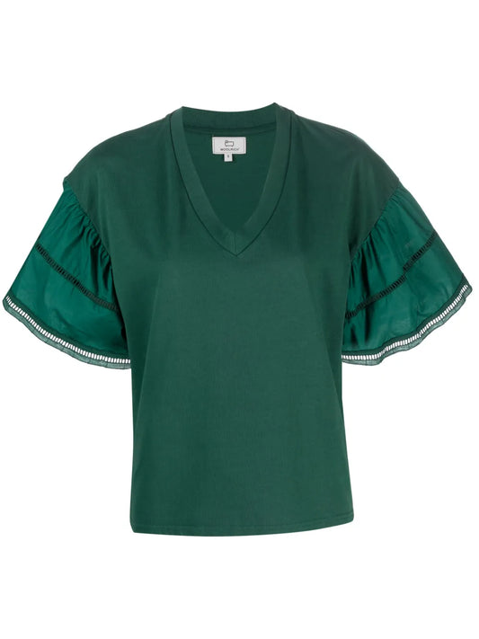 Ruffled-Sleeve V-Neck T-Shirt