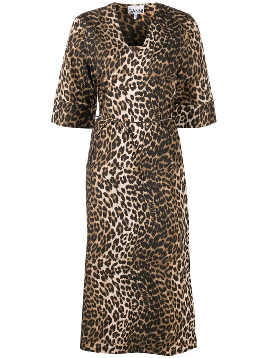 Leopard-Print Tied-Waist Midi Dress