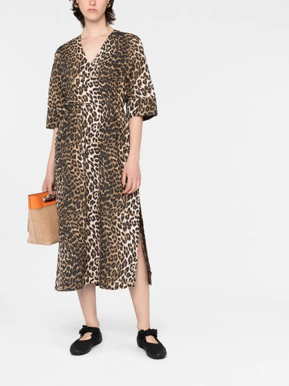 Leopard-Print Tied-Waist Midi Dress