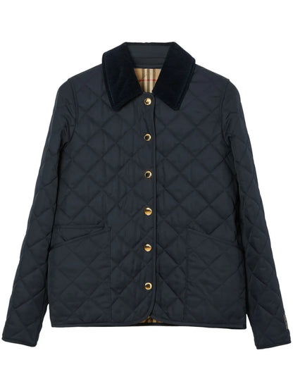 Corduroy-Collar Diamond-Quilted Jacket