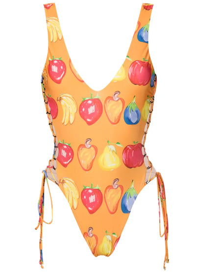 Fruit-Print Open-Back Swimsuit