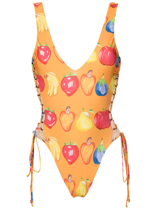 Fruit-Print Open-Back Swimsuit