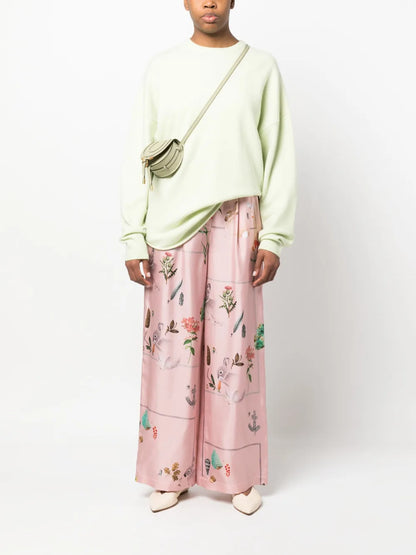 Foliage-Print Silk Palazzo Trousers