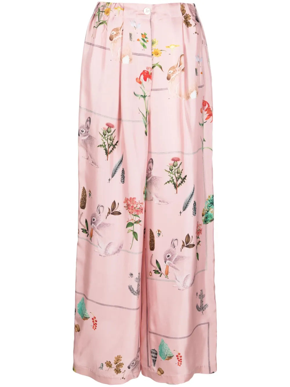 Foliage-Print Silk Palazzo Trousers