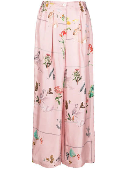 Foliage-Print Silk Palazzo Trousers