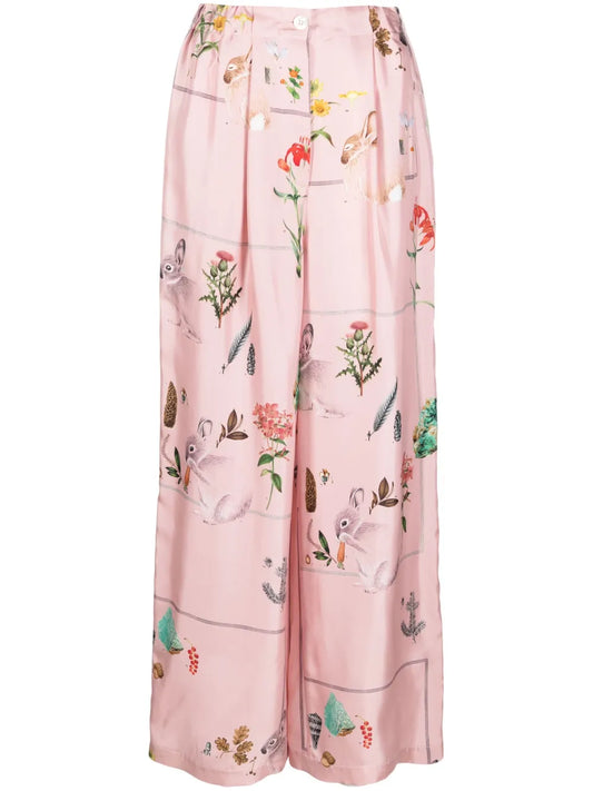 Foliage-Print Silk Palazzo Trousers