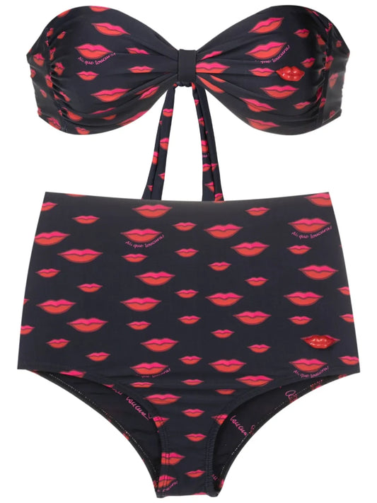 Lip-Print High-Waisted Bikini