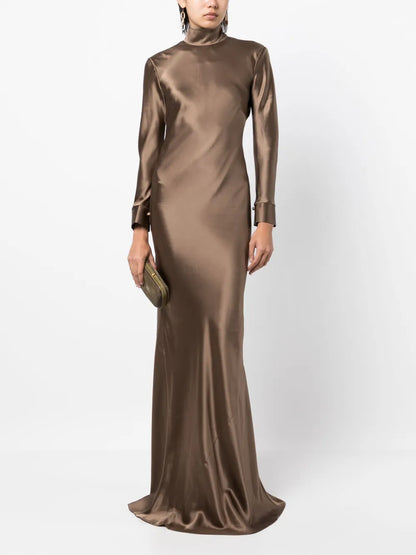 Open-Back Long-Sleeve Gown Dress