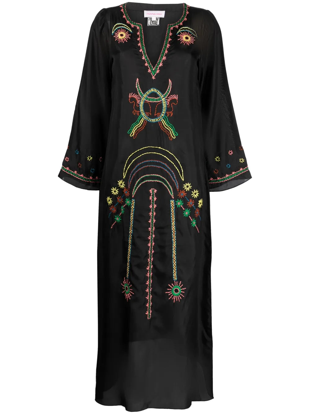 Embroidered Split-Neck Silk Dress