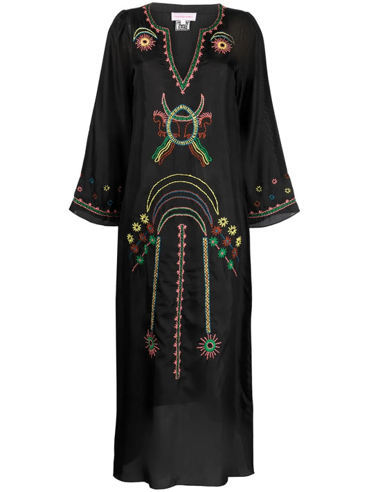 Embroidered Split-Neck Silk Dress