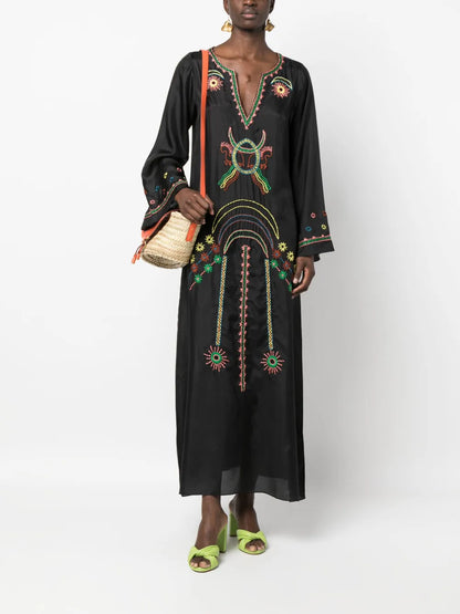 Embroidered Split-Neck Silk Dress