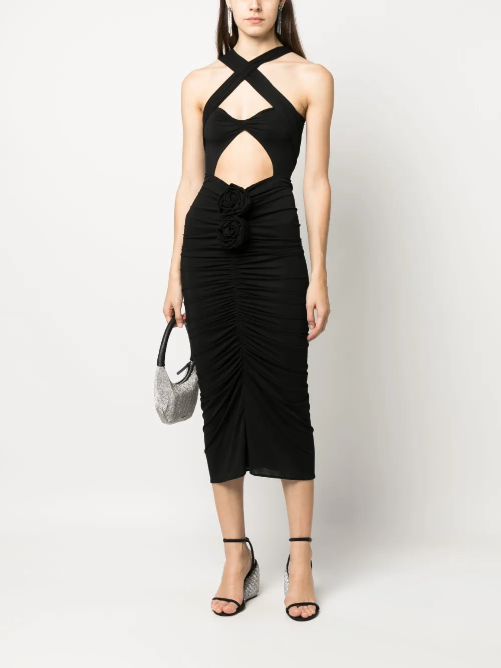 Floral-Appliqué Cut-Out Midi Dress