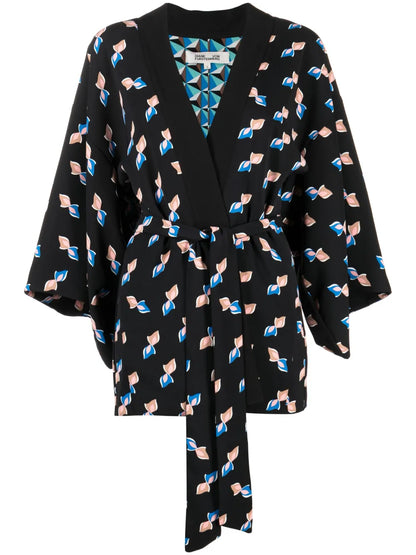 Graphic-Print Belted Kimono