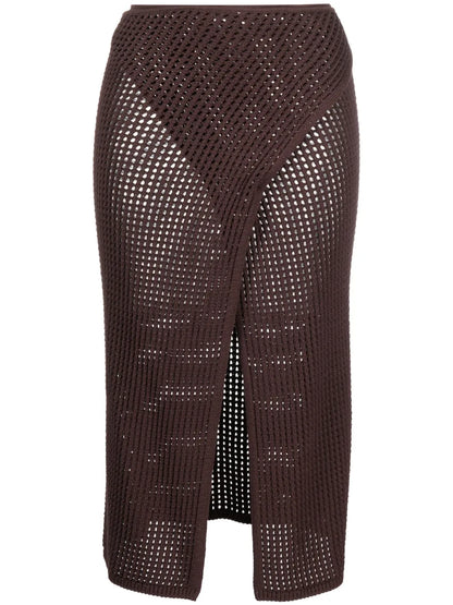 Front-Slit Crochet-Knit Midi Skirt