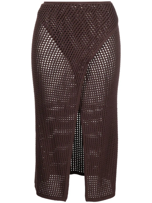 Front-Slit Crochet-Knit Midi Skirt