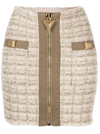 Zip-Detail Tweed Mini Skirt