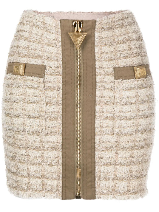 Zip-Detail Tweed Mini Skirt