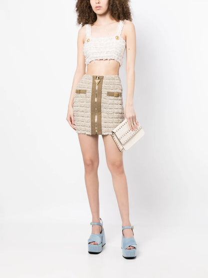 Zip-Detail Tweed Mini Skirt