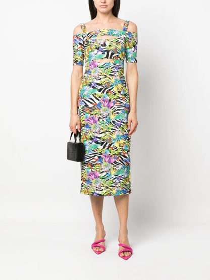 Mix-Print Off-Shoulder Dress